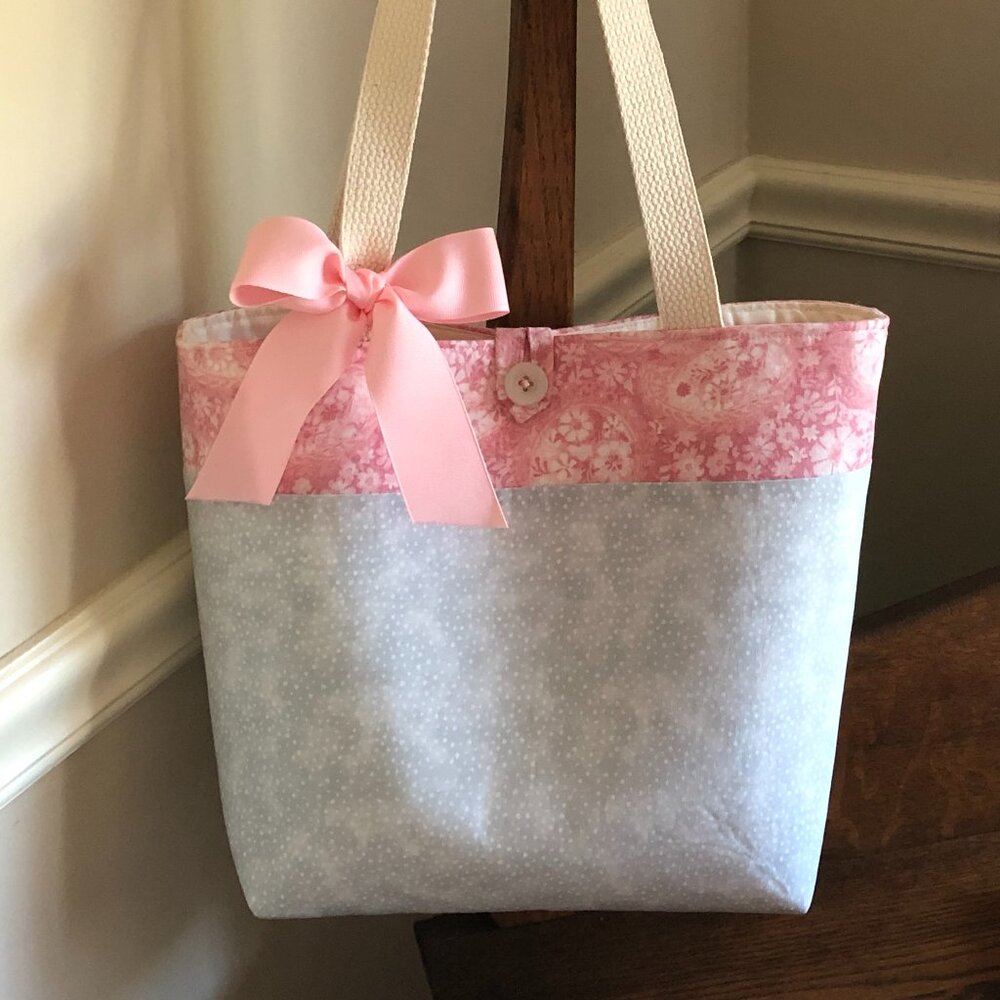 SHABBY CHIC COTTON TOTE BAG - PINK & GREY PAISLEY PRINT ~ HANDMADE PURSE